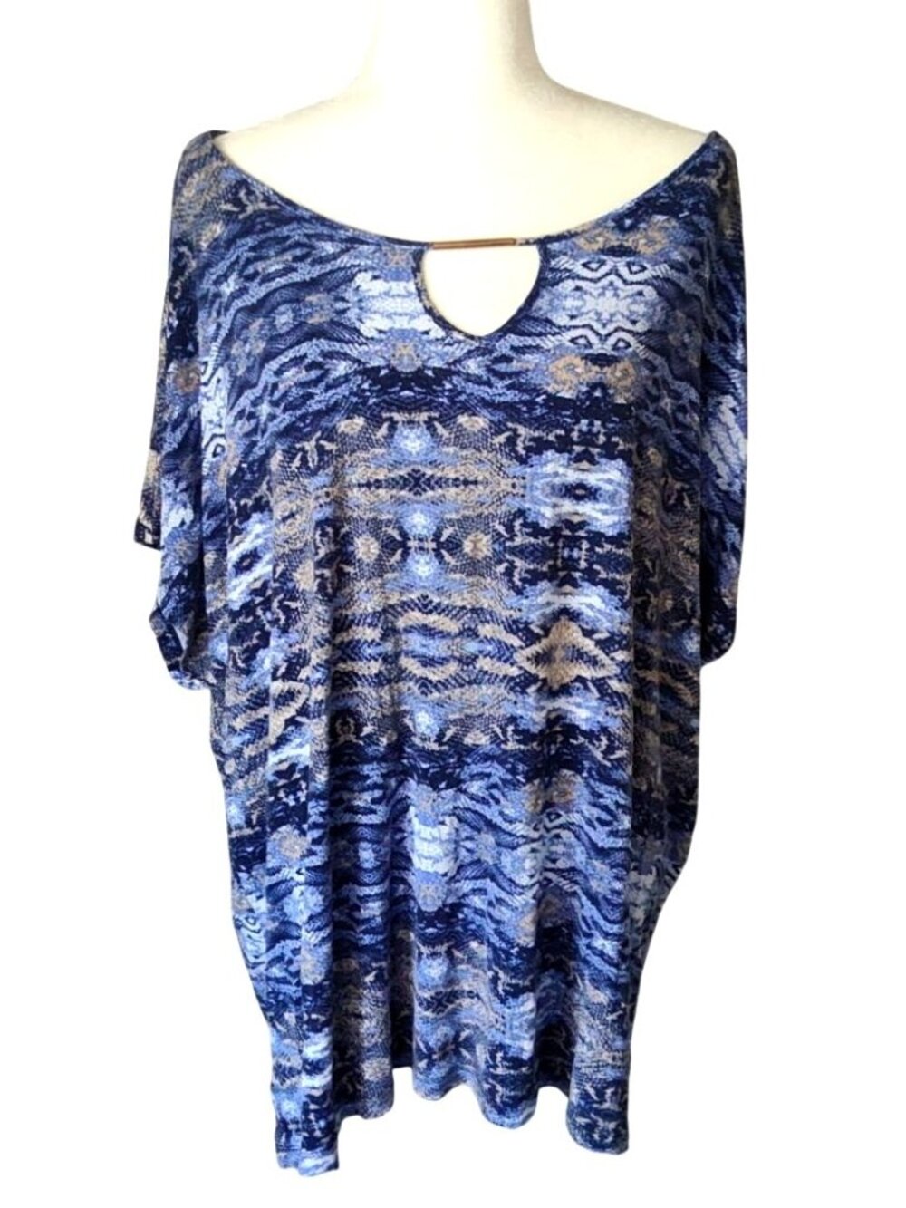 Jaclyn Smith Women's 3X Blue & Beige Abstract Print Dolman Sleeve Tunic Top